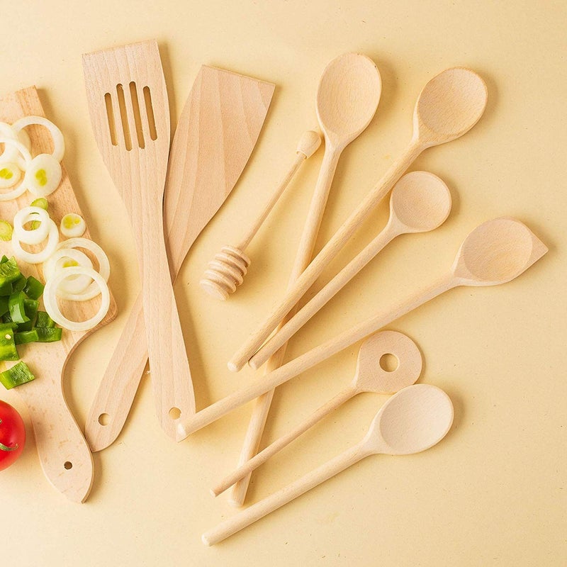 tuuli Kitchen - 9-Piece Wooden Cooking Utensils Set  Specially Designed Solid Beechwood Wooden Spoons  Wood Spatula and Honey Dipper  Durable Wooden Utensils for Everyday Use - Image 2